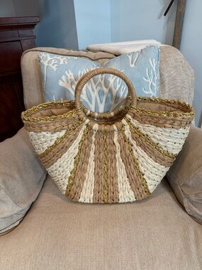 Woven Straw Circle-Handle Tote Bag in Natural and Tan